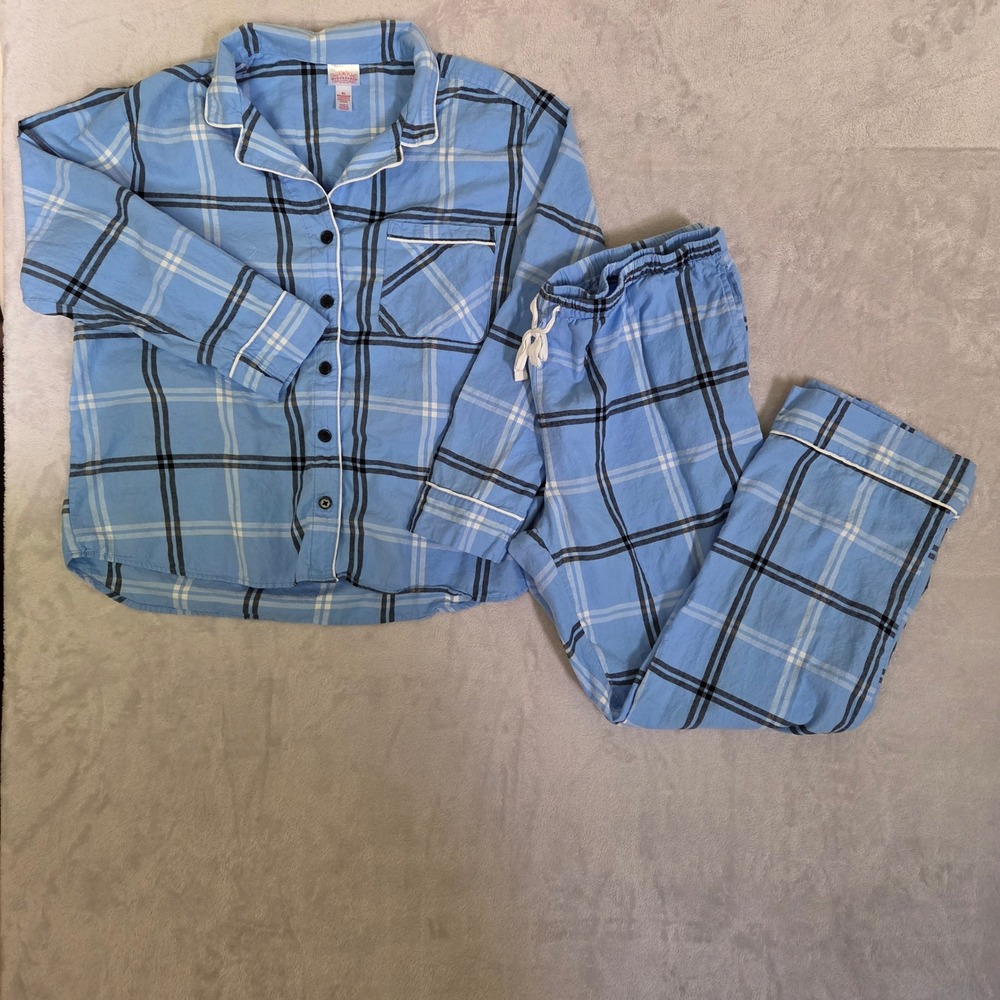 Wondershop Womens XL Blue Plaid 100% Cotton Pajama Set Long Sleeve Pants 2pc